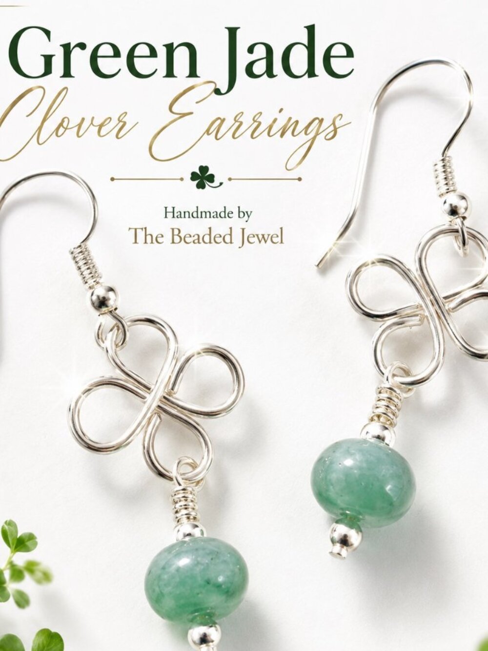 Green Jade Clover Earrings, Handmade Wire Wrapped Earrings, Green Gemstone
